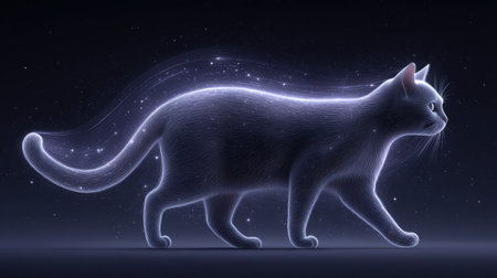A captivating image of a luminous cat walking gracefully amidst shimmering cosmic particles and waves, creating an enchanting and dreamlike atmosphere.の素材