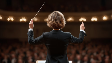 A female conductor passionately leads an orchestra from the stage, her baton raised high, capturing the elegance of live music performance in an exquisite concert hall.の素材