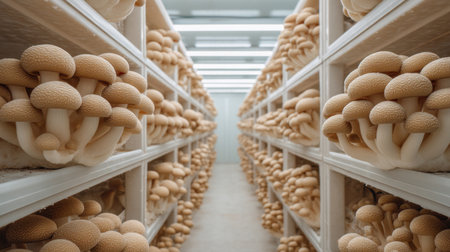 Discover a serene view of neatly arranged mushrooms in a farming facility, showcasing the beauty of indoor agriculture with a focus on freshness and quality.の素材