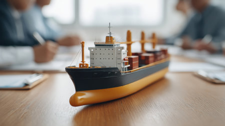 A focused meeting takes place with a detailed cargo ship model central to discussions on improving sea freight logistics and developing innovative operational strategies.の素材