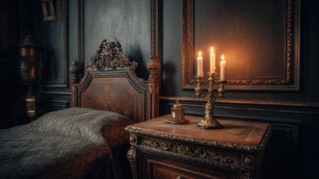 Discover a stunning rococo style bedroom featuring elaborate details and soft candlelight that creates a warm and inviting ambiance for relaxation.の素材