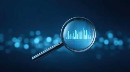A magnifying glass highlights blue data visualizations of graphs and charts, emphasizing modern analytics and data interpretation against a soft dark background.の素材
