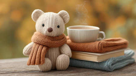 A delightful scene featuring a cozy teddy bear adorned with a knitted scarf, sitting beside stacked books and a warm cup of tea on a wooden table amidst autumn hues.の素材