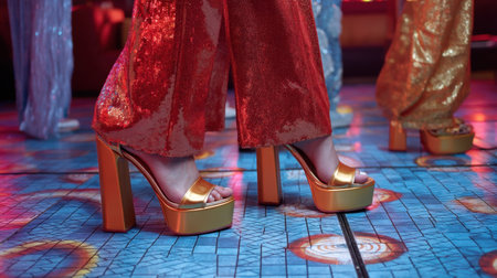 Experience the vibrant energy of a 1970s dance floor filled with dazzling metallic fabrics and playful fashion choices, featuring bold high-heeled shoes and dynamic movement.の素材