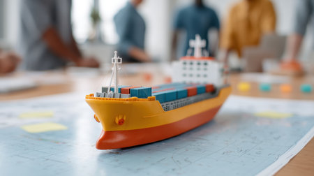 This image captures a meticulous logistics planning scene featuring a cargo ship model, illustrating key shipping strategies in a collaborative workspace.の素材