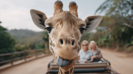 A playful giraffe photobombs joyful travelers on a safari, sticking out its tongue for an amusing close-up. Experience the thrill of wildlife encounters.の素材