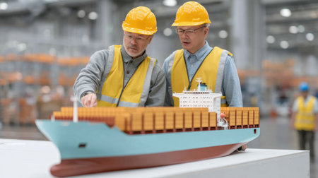Two professionals in safety gear review a detailed scale model of a cargo ship in an industrial environment, focused on planning and operational efficiency.の素材
