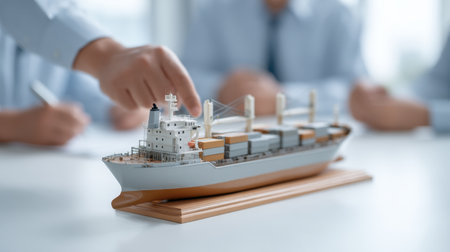 Professionals engage in a detailed review of a cargo ship scale model, focusing on logistics strategies and supply chain planning for effective maritime operations.の素材