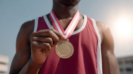 A victorious athlete proudly holds a gleaming gold medal under bright sunlight, symbolizing achievement and the culmination of hard work, dedication, and resilience.の素材
