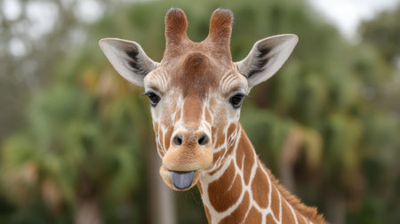 This charming image captures a playful giraffe sticking out its tongue, set against a lush tropical background. Perfect for animal lovers and nature enthusiasts.の素材