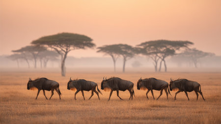 This captivating photo depicts a herd of wildebeest moving across the savannah during a warm sunset, highlighting the harmonious relationship between wildlife and nature.の素材