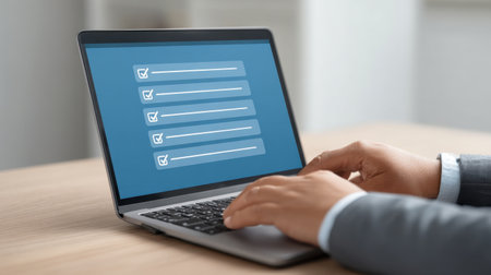 A person works on a laptop featuring a floating checklist interface, symbolizing efficiency in task management within a modern workspace environment.の素材