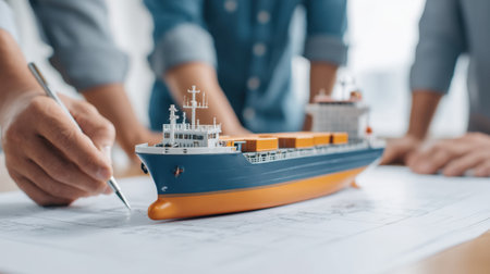 A dynamic scene showcasing professionals planning logistics and shipping strategies, featuring a detailed cargo ship model on a blueprint and engaged hands.の素材
