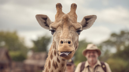 A humorous moment unfolds as a giraffe playfully photobombs travelers on safari, sticking out its tongue against a beautiful landscape backdrop, showcasing wildlife interactions.の素材