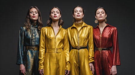 Discover stunning 1970s disco fashion with metallic outfits showcasing bold style and vibrant colors. Perfect for capturing the essence of retro glam in photography.の素材