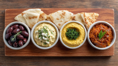 A beautiful Greek mezze platter showcasing hummus, olives, pita, and vibrant spreads, perfect for gatherings, sharing, or enjoying a flavorful appetizer experience.の素材