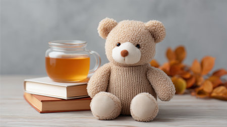 A soft teddy bear sits beside a cozy stack of books and a cup of hot tea on a wooden table, creating a warm and inviting autumn atmosphere perfect for relaxation.の素材