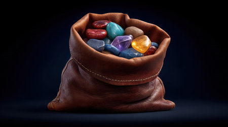 A captivating leather pouch overflowing with vibrant, glowing gemstones creates a magical atmosphere, perfect for fantasy-themed artwork and design inspiration.の素材