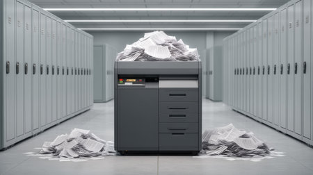 A modern shredding machine sits in a streamlined office, overflowing with shredded paper and surrounded by unused lockers, highlighting the chaos of document management.の素材