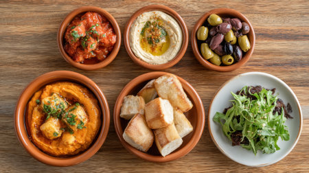 Indulge in a vibrant Greek mezze spread showcasing a variety of delicious dips, olives, fresh bread, and leafy greens, perfect for sharing and enjoying with friends.の素材