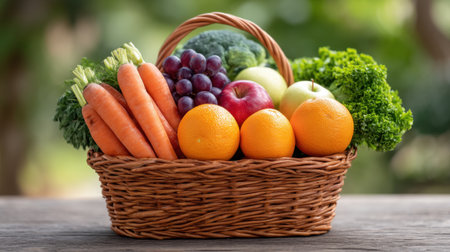A beautifully arranged basket filled with fresh fruits and vegetables, showcasing bright colors and a variety of produce, perfect for healthy meals and snacks.の素材