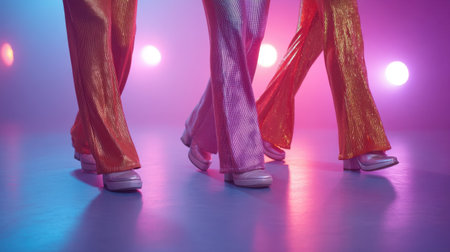 Energetic dancers showcase vibrant styles in shiny jumpsuits and platform shoes while dancing joyfully under colorful disco lights, capturing the lively spirit of nightlife.の素材