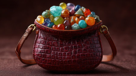 A leather bag brimming with an array of luminous gemstones showcases vibrant colors and exquisite shapes, perfect for highlighting luxury and craftsmanship.の素材