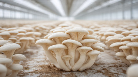 A stunning display of white mushrooms growing in neat, symmetrical rows within a greenhouse, highlighted by soft diffused light that accentuates their natural beauty.の素材
