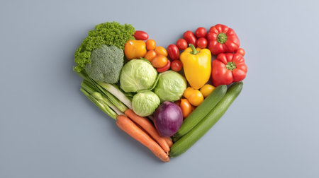 This vibrant heart-shaped arrangement of fresh vegetables highlights the importance of health and nutrition, making it perfect for wellness-focused themes.の素材