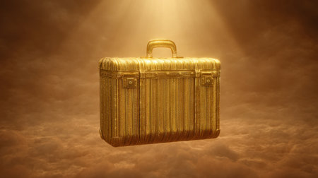 A golden suitcase radiates light in a dramatic setting, symbolizing wealth and opportunity. Perfect for themes of finance, luxury, and aspiration in creative projects.の素材