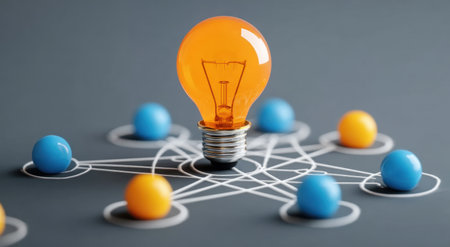 A vibrant orange light bulb stands at the center of a network, symbolizing creativity and connection amidst colorful circles on a gray backdrop.の素材
