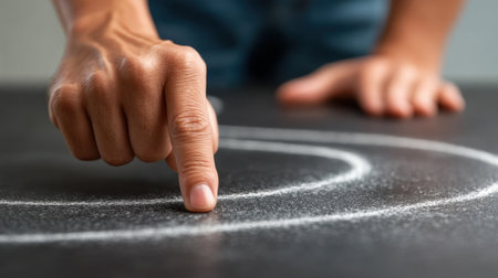 A close-up shot of a hand pointing at a chalked line on a dark surface, conveying creativity and direction in a unique artistic expression.の素材