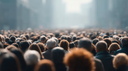 Experience the essence of urban life with a large crowd of diverse people in a busy city setting, showcasing vibrant energy and movement.の素材