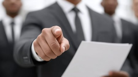 A businessman in a sharp suit points assertively while holding a document, showcasing leadership in a modern office setting. The image captures the essence of professional communication and authority.の素材