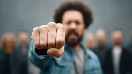 This compelling image features an angry man expressing emotion with a fist raised in the foreground, while a blurred group of individuals stands behind him.の素材
