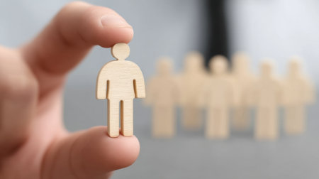 A businessman holds a small wooden figurine, symbolizing leadership and teamwork against a blurred office background, emphasizing corporate concepts.の素材