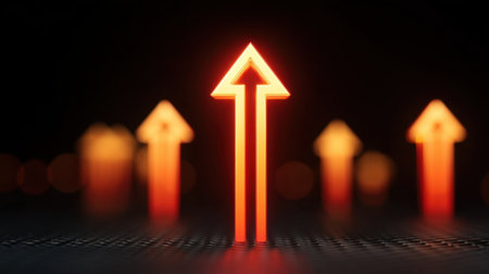 Explore a visually striking image featuring glowing 3D arrows pointing upwards against a dark background. This artwork symbolizes positive movement, direction, and energy, highlighted by bright neon effects and depth of field focus. Perfect for creative and inspirational projects.の素材