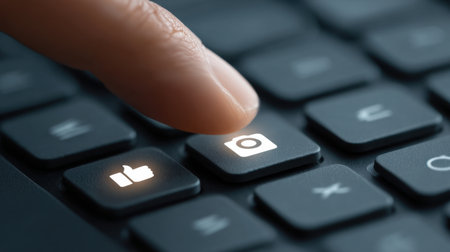 A detailed close-up image of a finger pressing a camera button on a keyboard, highlighting interaction and engagement in digital communications.の素材