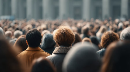 This cinematic photograph captures a diverse crowd outdoors, showcasing the depth and details of human connection and interaction. The image emphasizes a moment filled with emotion and atmosphere.の素材