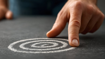 A close-up view showcasing a hand pointing at a spiral chalk drawing on a dark surface. This minimalist composition emphasizes texture and gesture, creating a visually striking artistic expression.の素材