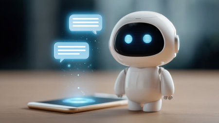 This image features a cute AI robot character with glowing blue eyes. It stands next to a smartphone, embodying innovation and friendly interaction in a modern environment.の素材