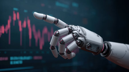 A high-tech robotic hand points towards dynamic graph data in a futuristic technological setting, representing innovation and analysis in modern research.の素材