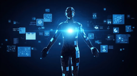 A captivating digital silhouette of a human figure, enveloped by holographic tech elements and data visuals, illustrating the fusion of technology and humanity.の素材