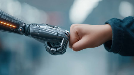 A vibrant scene depicting a human fist bumping with a robotic arm, symbolizing the synergy between technology and humanity in a modern setting.の素材