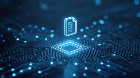 This digital artwork showcases a floating file icon above a circuit board, emitting glowing lines and light effects. Perfect for technology themes.の素材