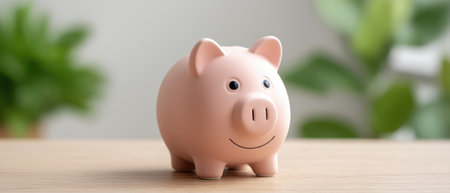 This charming pink piggy bank sits on a wooden table, framed by soft green plants. It symbolizes savings, financial planning, and future prosperity.の素材