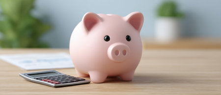 A charming pink piggy bank is placed next to a calculator on a wooden desk, with hints of greenery in the background. This image embodies the essence of financial planning and savings strategies.の素材
