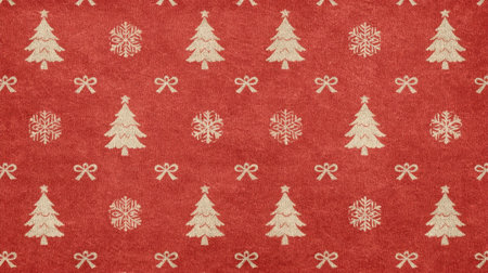 Discover a vintage Christmas pattern featuring charming trees, snowflakes, and bows on a warm red background, perfect for holiday dの素材