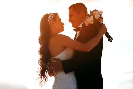 The bride and groom are hugging in the desert against the sunset, a couple in love, a beautiful...