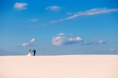 The bride and groom are walking in the desert, a view from afar, blue sky and white sand, a beautiful couple, wedding day, the pursuit of goals, survival, thirst, low clouds, desert dunesの写真素材